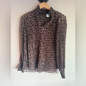 Cabi 5962 Pucker Up Blouse Womens Small Black Pink Floral Pleated Ruffle Top